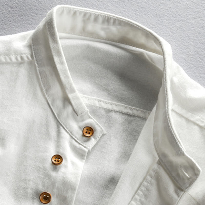 Men's Slim Fit Design Stand Collar Crew Neck Long Sleeve Cotton Linen Shirt