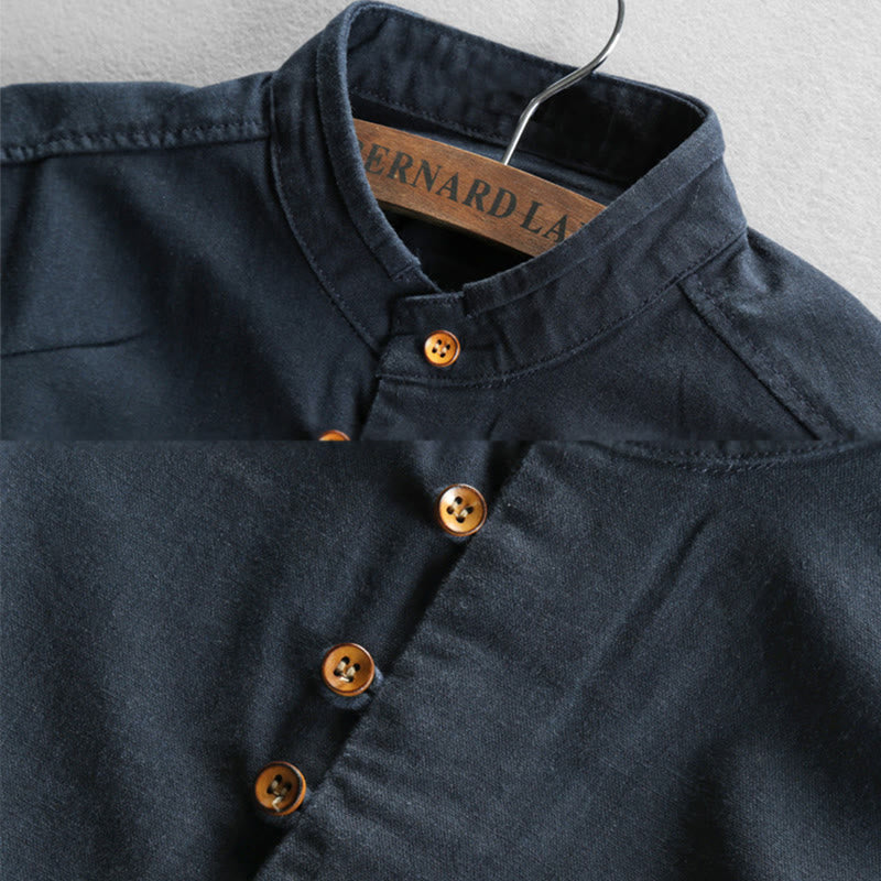Men's Slim Fit Design Stand Collar Crew Neck Long Sleeve Cotton Linen Shirt