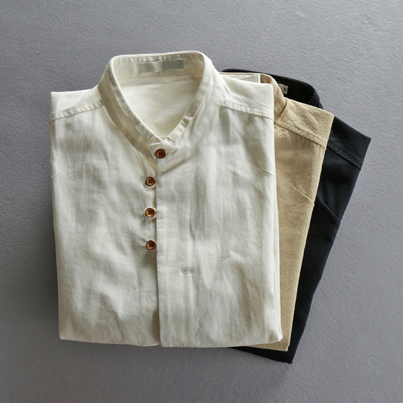 Men's Slim Fit Design Stand Collar Crew Neck Long Sleeve Cotton Linen Shirt