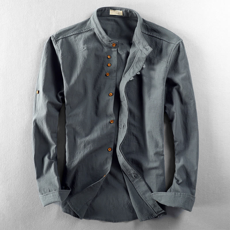 Men's Slim Fit Design Stand Collar Crew Neck Long Sleeve Cotton Linen Shirt