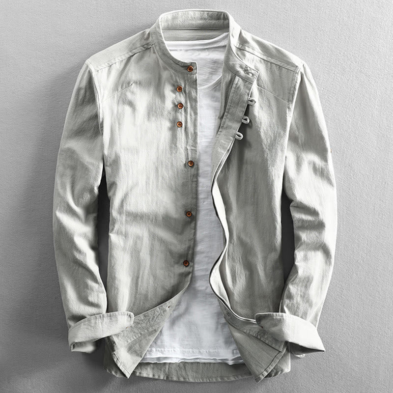 Men's Slim Fit Design Stand Collar Crew Neck Long Sleeve Cotton Linen Shirt