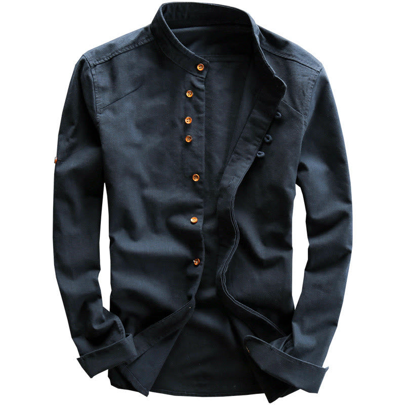 Men's Slim Fit Design Stand Collar Crew Neck Long Sleeve Cotton Linen Shirt