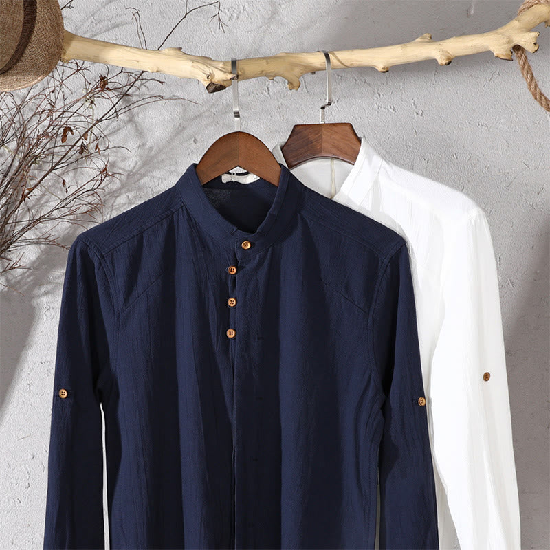 Men's Slim Fit Design Stand Collar Crew Neck Long Sleeve Cotton Linen Shirt