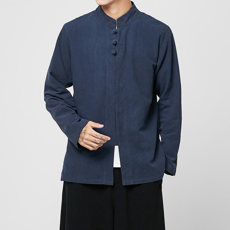 Tactile Cotton-Blend Mandarin Collar Meditative Shirt
