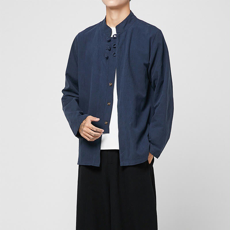 Tactile Cotton-Blend Mandarin Collar Meditative Shirt