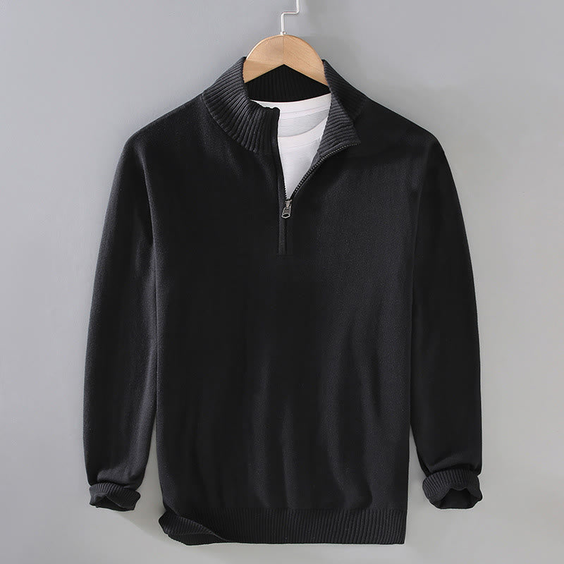 Ribbed Solid Color Hem Design Men's Mock Neck Long Sleeve Pure Cotton Sweater