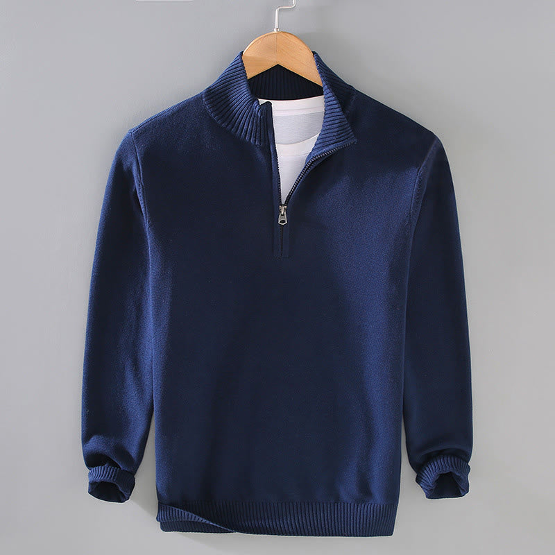 Ribbed Solid Color Hem Design Men's Mock Neck Long Sleeve Pure Cotton Sweater