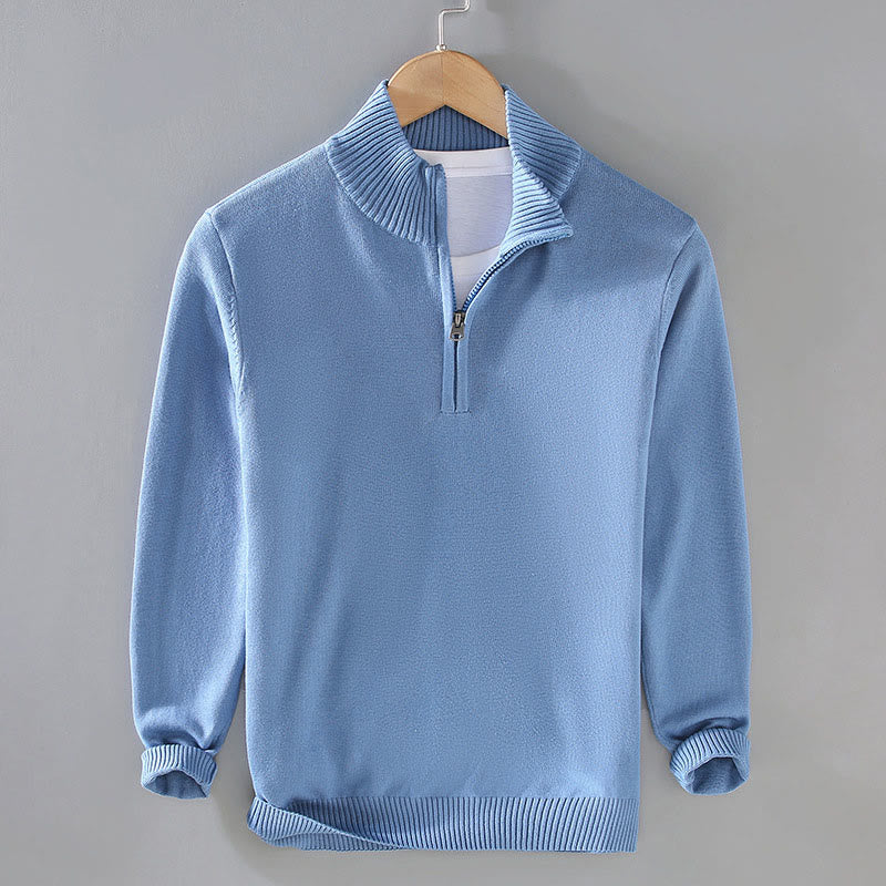 Ribbed Solid Color Hem Design Men's Mock Neck Long Sleeve Pure Cotton Sweater