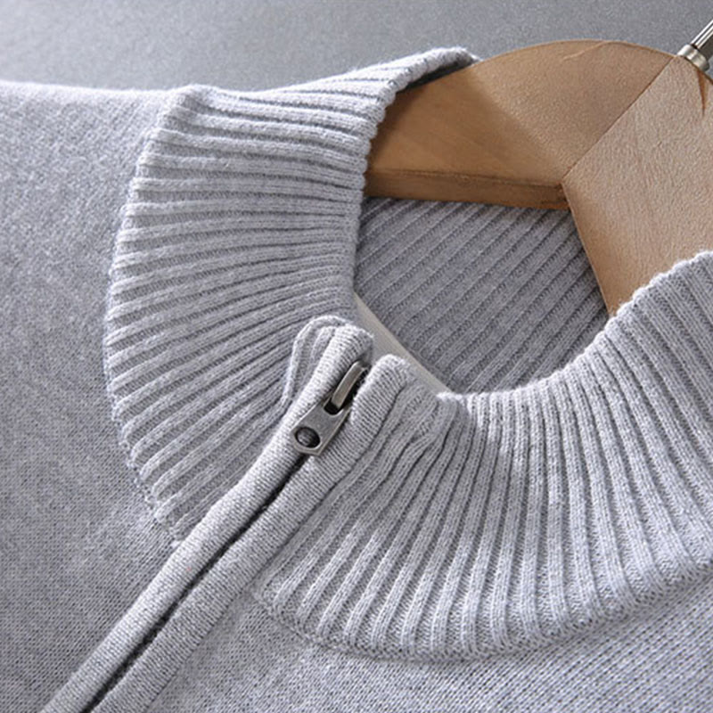 Ribbed Solid Color Hem Design Men's Mock Neck Long Sleeve Pure Cotton Sweater