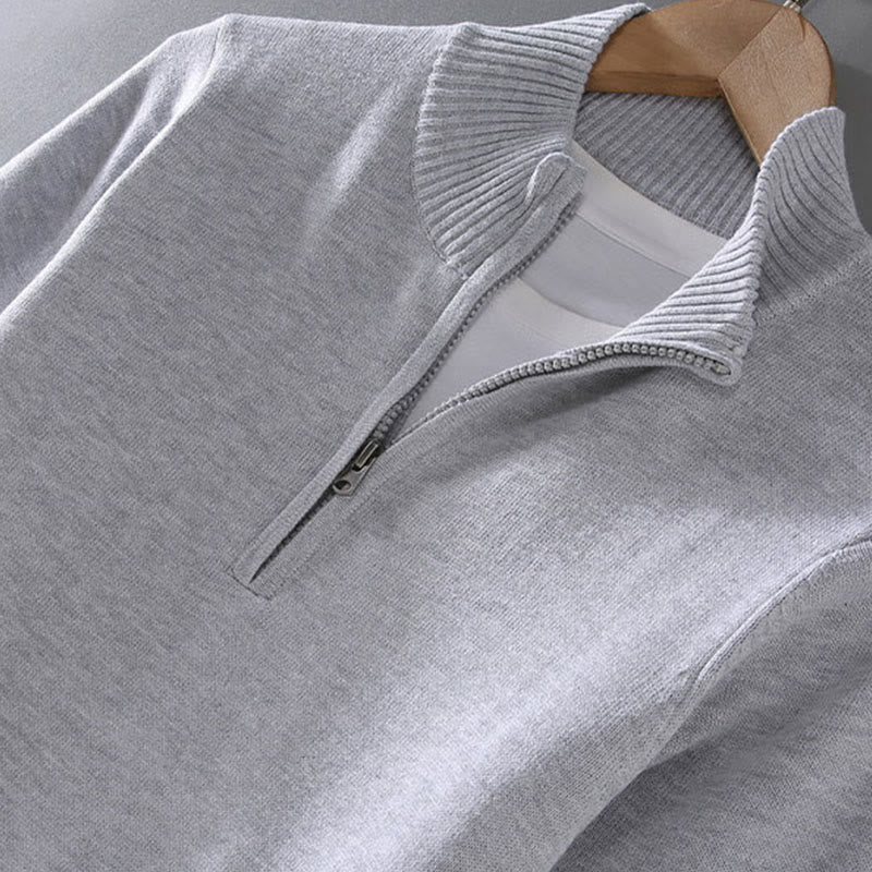 Ribbed Solid Color Hem Design Men's Mock Neck Long Sleeve Pure Cotton Sweater