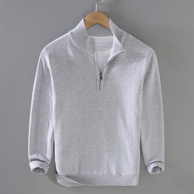 Ribbed Solid Color Hem Design Men's Mock Neck Long Sleeve Pure Cotton Sweater