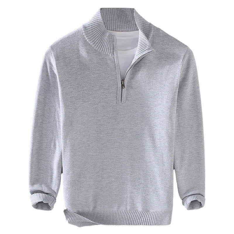 Ribbed Solid Color Hem Design Men's Mock Neck Long Sleeve Pure Cotton Sweater