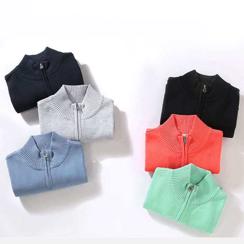 Ribbed Solid Color Hem Design Men's Mock Neck Long Sleeve Pure Cotton Sweater