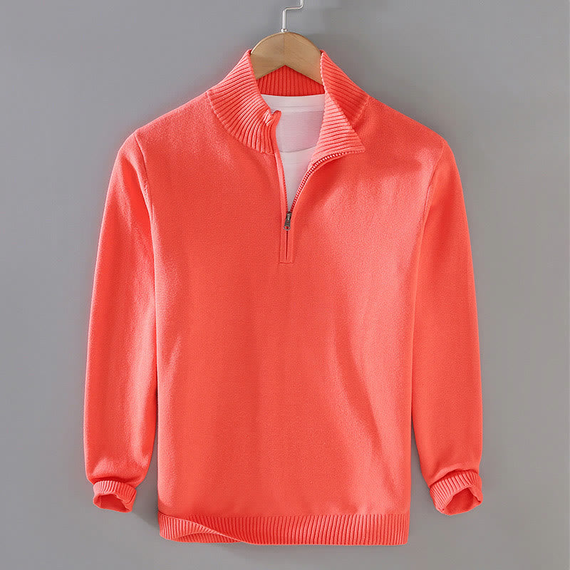Ribbed Solid Color Hem Design Men's Mock Neck Long Sleeve Pure Cotton Sweater