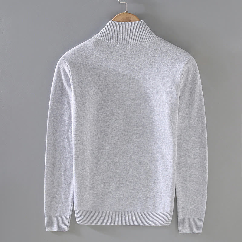 Ribbed Solid Color Hem Design Men's Mock Neck Long Sleeve Pure Cotton Sweater