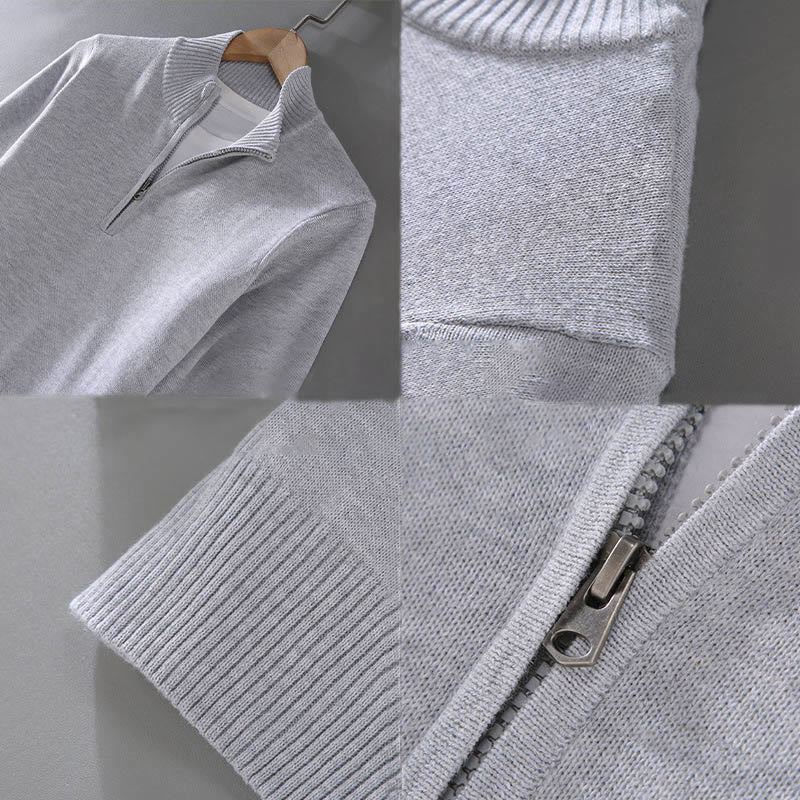 Ribbed Solid Color Hem Design Men's Mock Neck Long Sleeve Pure Cotton Sweater