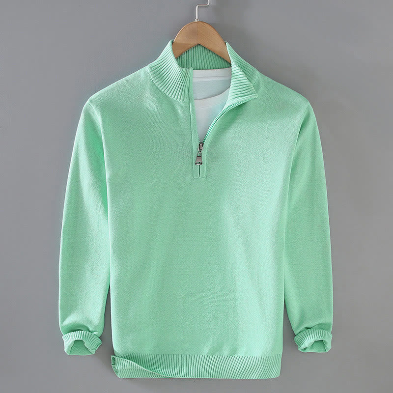 Ribbed Solid Color Hem Design Men's Mock Neck Long Sleeve Pure Cotton Sweater