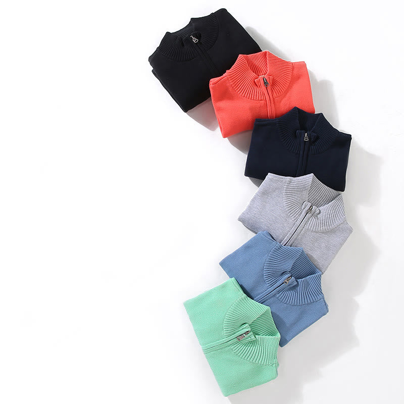 Ribbed Solid Color Hem Design Men's Mock Neck Long Sleeve Pure Cotton Sweater