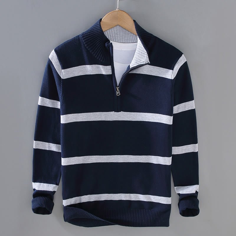 Tactile Cotton Striped Half-Zip Grounding Men's Sweater