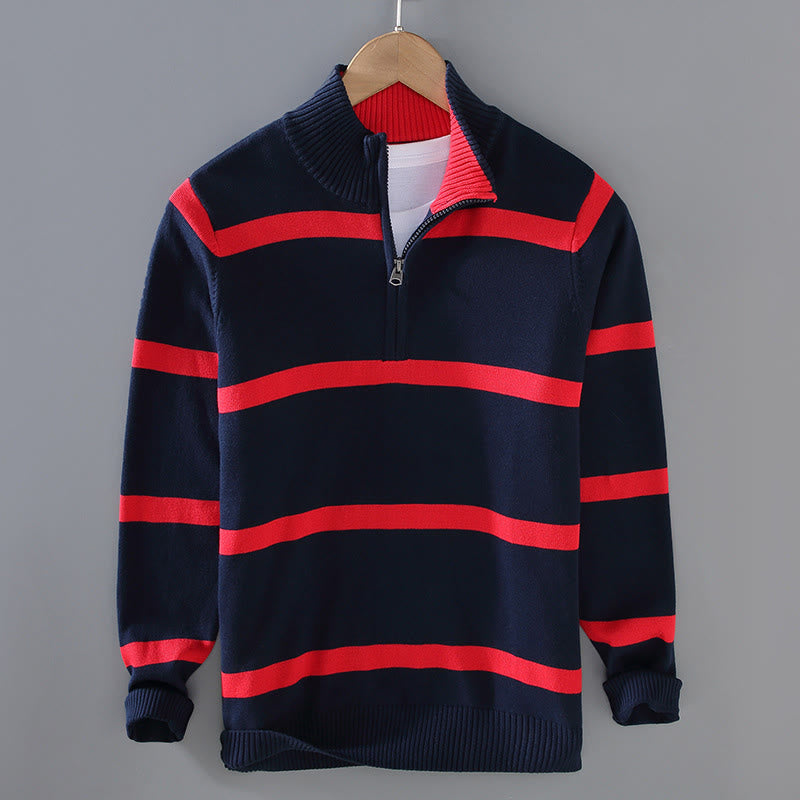 Tactile Cotton Striped Half-Zip Grounding Men's Sweater