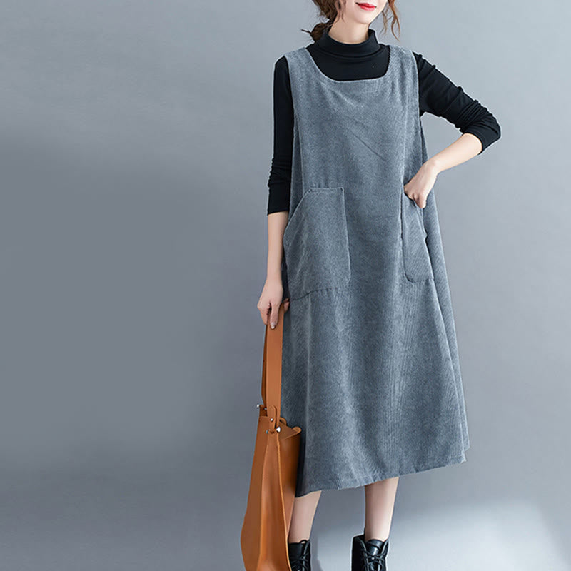 Commute Crew Neck Women's Sleeveless Cotton Corduroy Midi Dress With Pockets