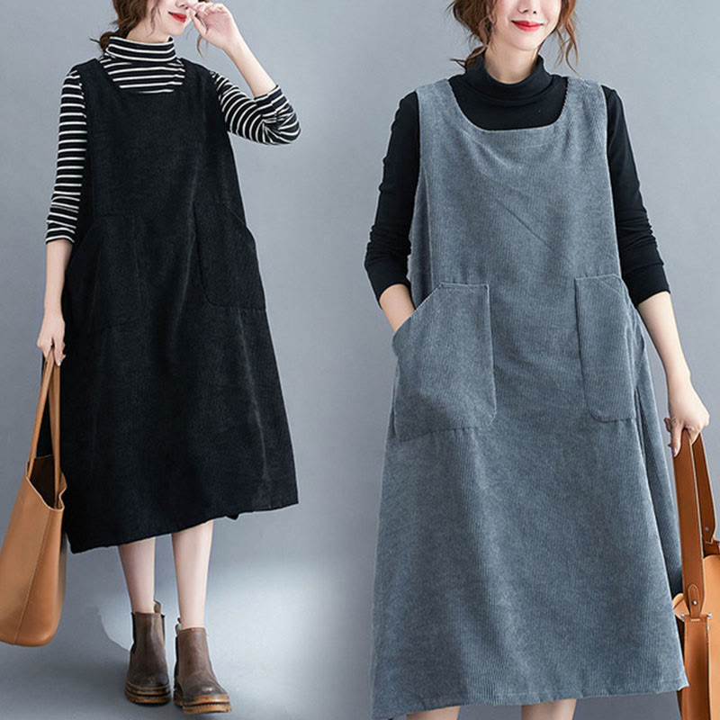 Commute Crew Neck Women's Sleeveless Cotton Corduroy Midi Dress With Pockets
