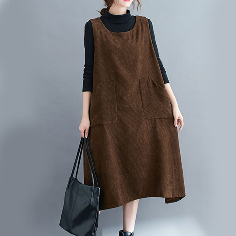 Commute Crew Neck Women's Sleeveless Cotton Corduroy Midi Dress With Pockets