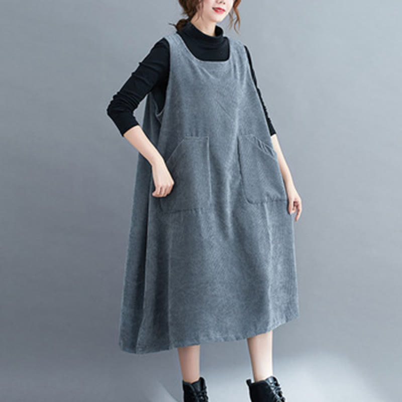 Commute Crew Neck Women's Sleeveless Cotton Corduroy Midi Dress With Pockets