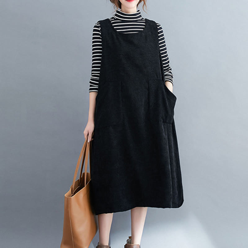 Commute Crew Neck Women's Sleeveless Cotton Corduroy Midi Dress With Pockets