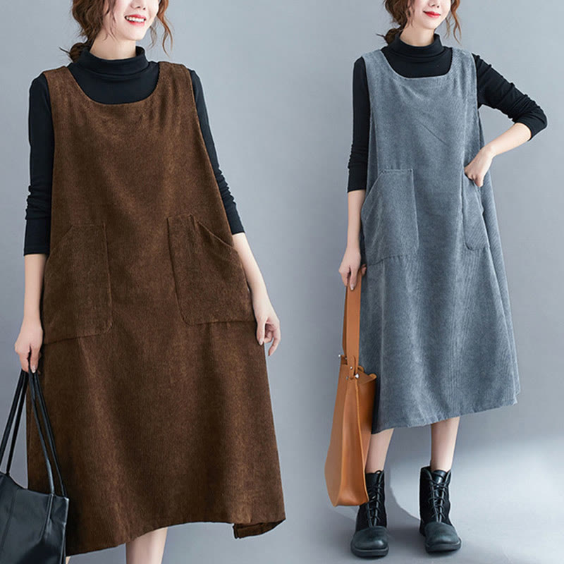 Commute Crew Neck Women's Sleeveless Cotton Corduroy Midi Dress With Pockets