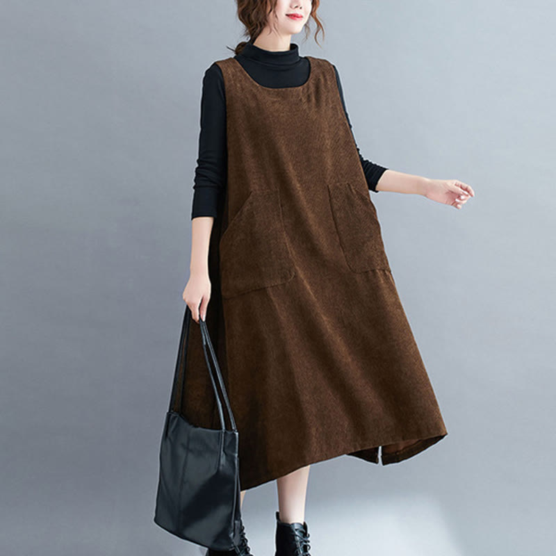 Commute Crew Neck Women's Sleeveless Cotton Corduroy Midi Dress With Pockets
