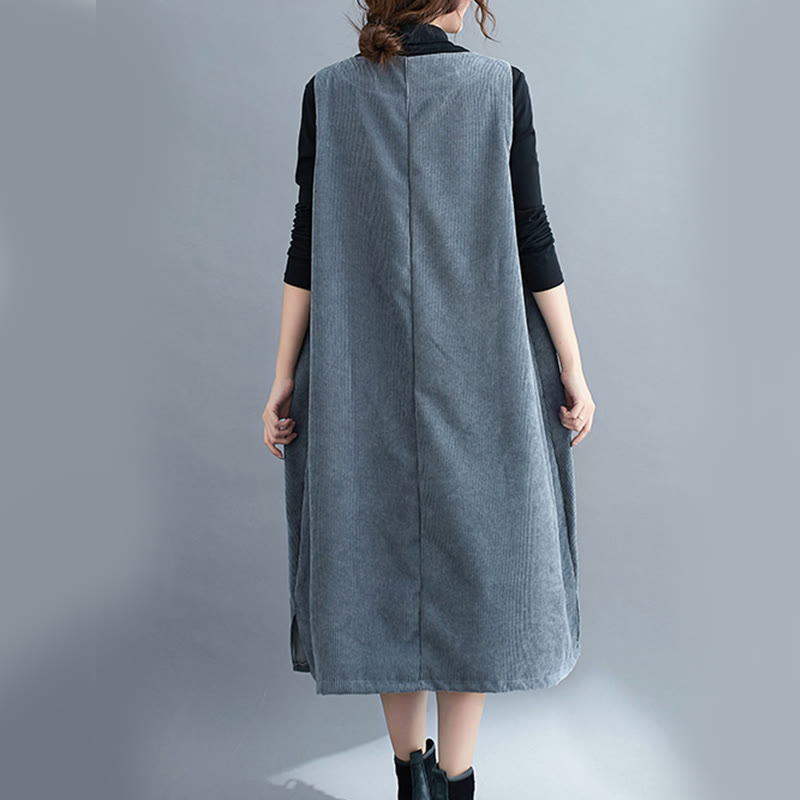 Commute Crew Neck Women's Sleeveless Cotton Corduroy Midi Dress With Pockets