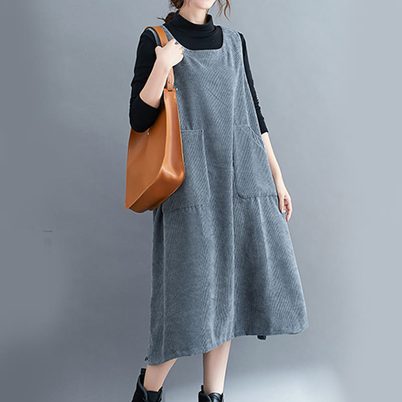 Commute Crew Neck Women's Sleeveless Cotton Corduroy Midi Dress With Pockets
