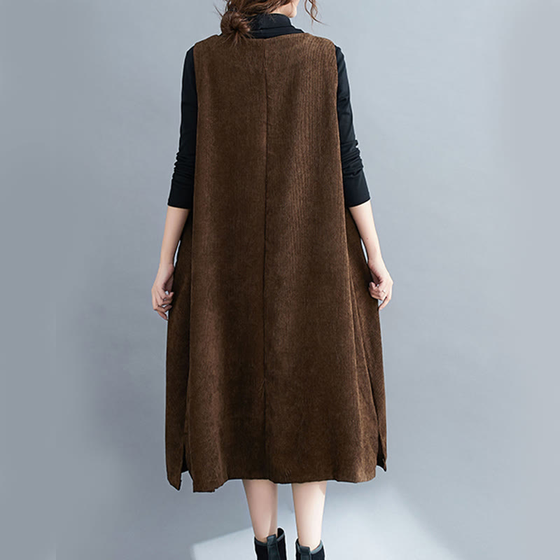 Commute Crew Neck Women's Sleeveless Cotton Corduroy Midi Dress With Pockets
