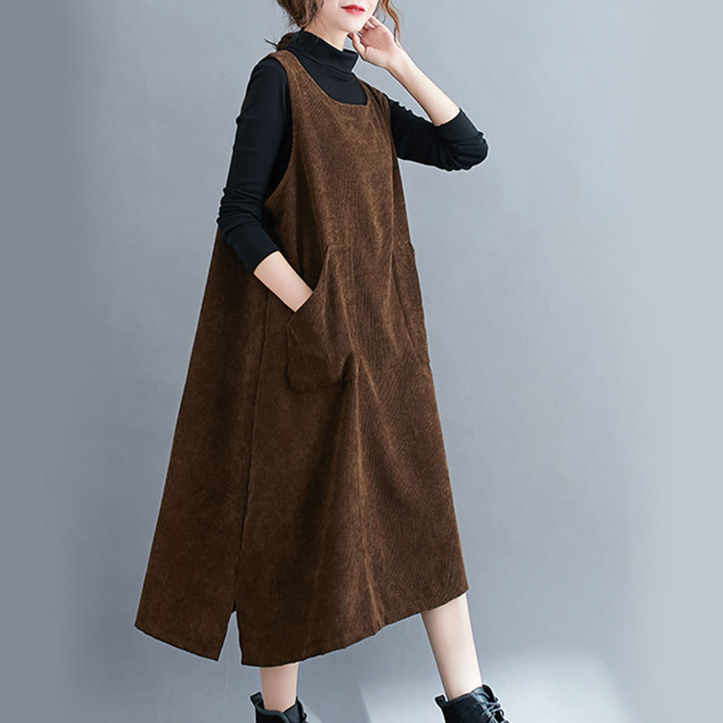 Commute Crew Neck Women's Sleeveless Cotton Corduroy Midi Dress With Pockets