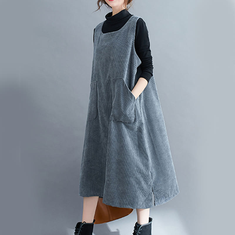 Commute Crew Neck Women's Sleeveless Cotton Corduroy Midi Dress With Pockets