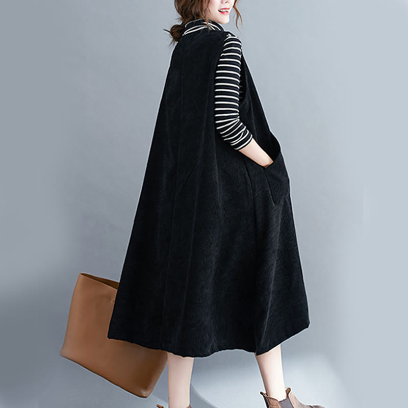 Commute Crew Neck Women's Sleeveless Cotton Corduroy Midi Dress With Pockets