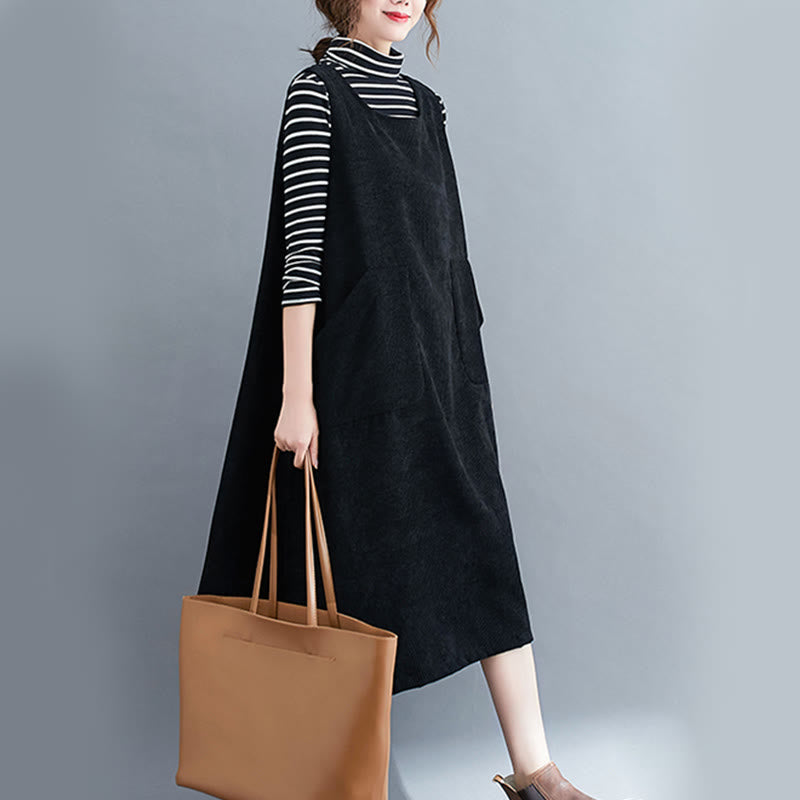 Commute Crew Neck Women's Sleeveless Cotton Corduroy Midi Dress With Pockets