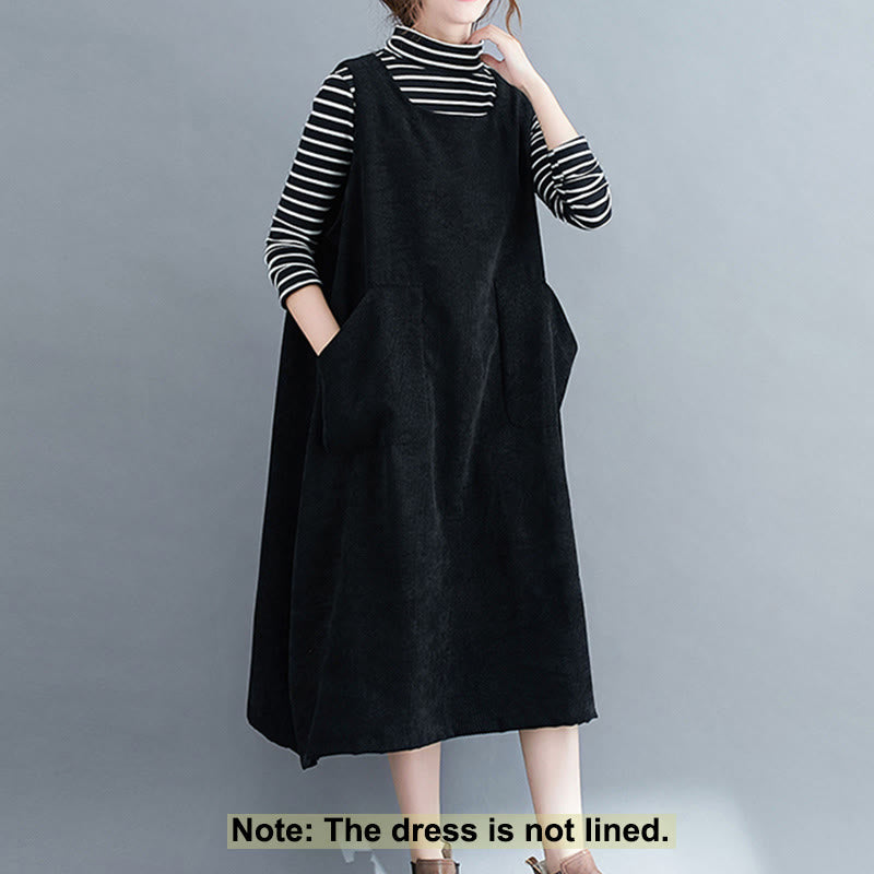 Commute Crew Neck Women's Sleeveless Cotton Corduroy Midi Dress With Pockets