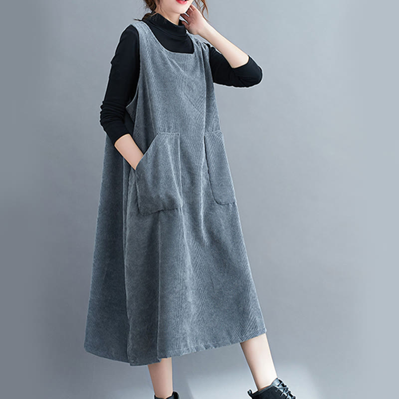 Commute Crew Neck Women's Sleeveless Cotton Corduroy Midi Dress With Pockets