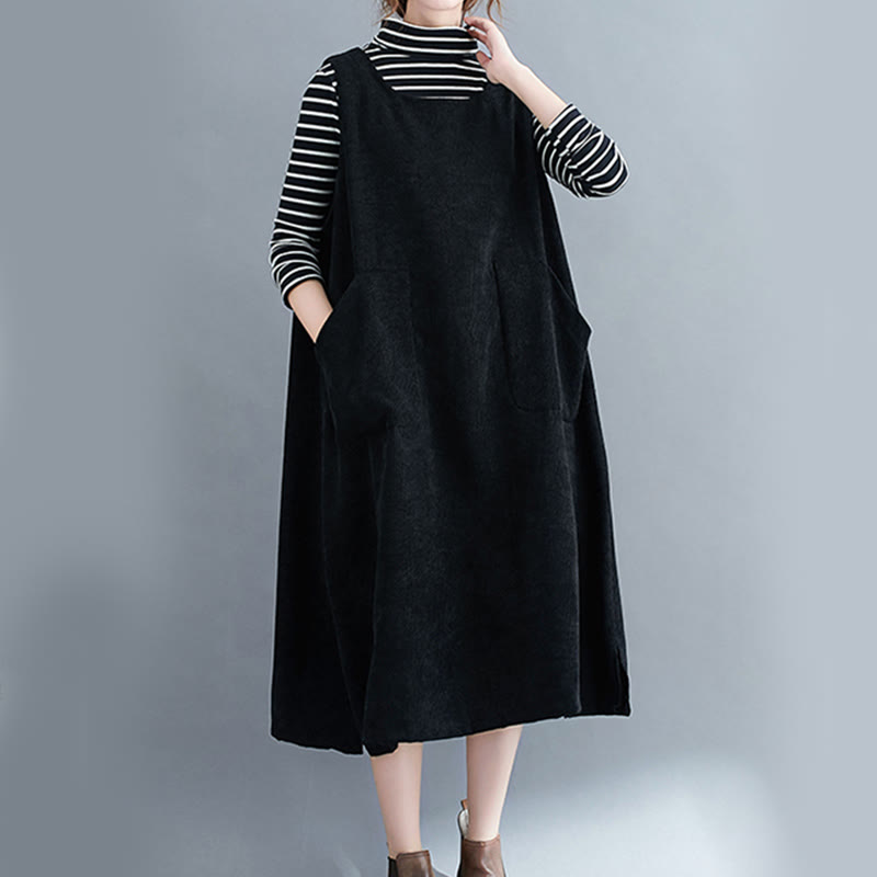 Commute Crew Neck Women's Sleeveless Cotton Corduroy Midi Dress With Pockets