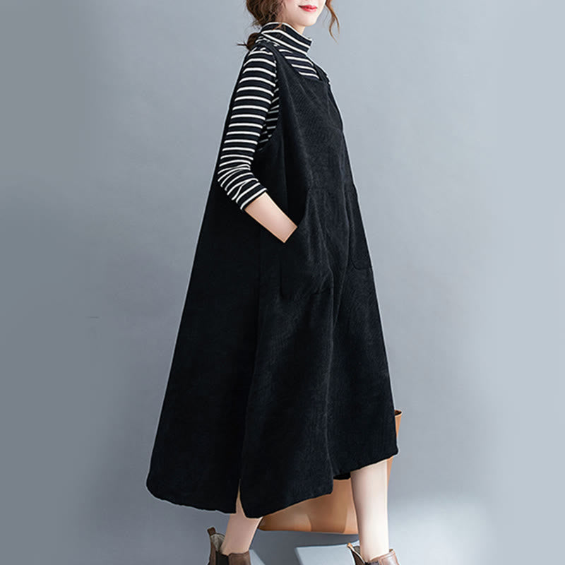Commute Crew Neck Women's Sleeveless Cotton Corduroy Midi Dress With Pockets
