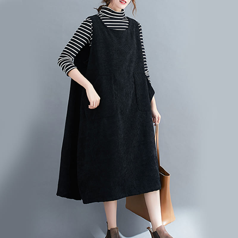 Commute Crew Neck Women's Sleeveless Cotton Corduroy Midi Dress With Pockets