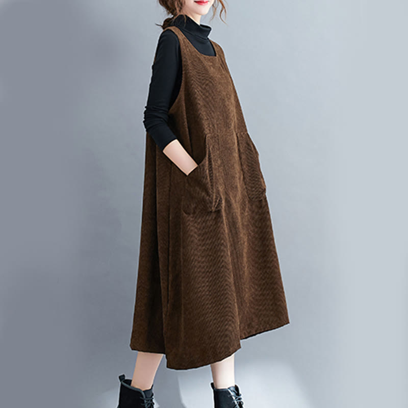 Commute Crew Neck Women's Sleeveless Cotton Corduroy Midi Dress With Pockets