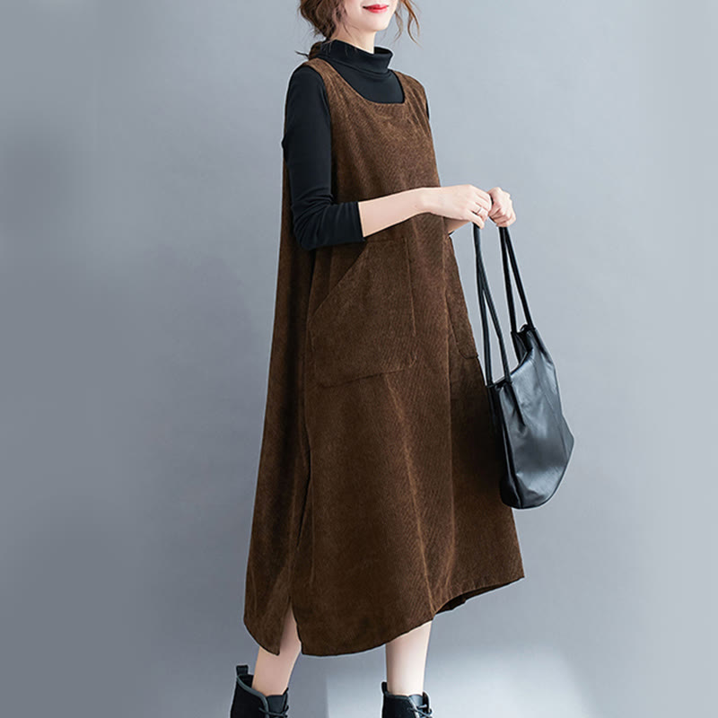 Commute Crew Neck Women's Sleeveless Cotton Corduroy Midi Dress With Pockets