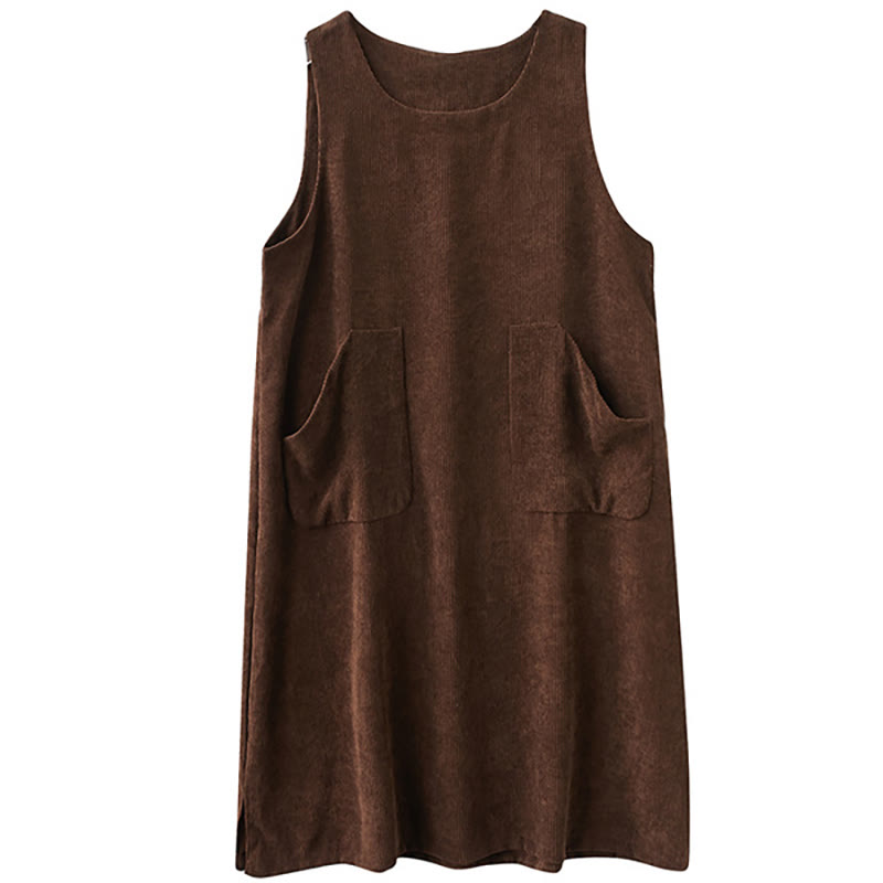 Commute Crew Neck Women's Sleeveless Cotton Corduroy Midi Dress With Pockets