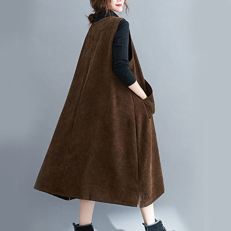 Commute Crew Neck Women's Sleeveless Cotton Corduroy Midi Dress With Pockets