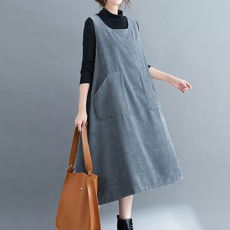 Commute Crew Neck Women's Sleeveless Cotton Corduroy Midi Dress With Pockets