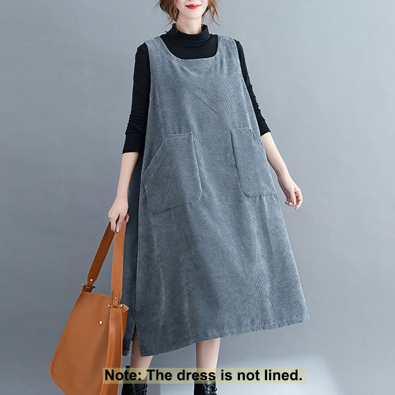 Commute Crew Neck Women's Sleeveless Cotton Corduroy Midi Dress With Pockets