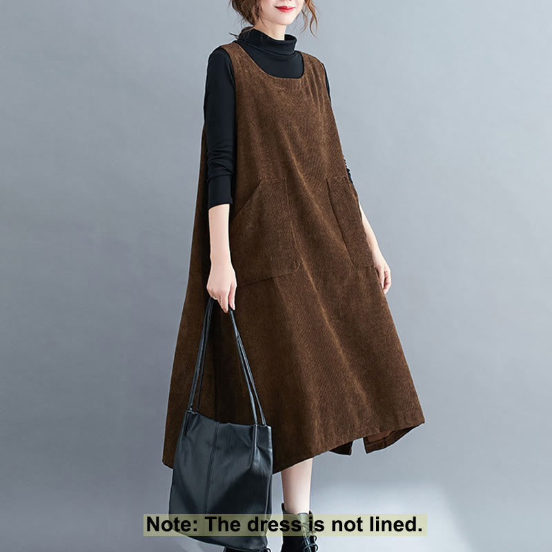 Commute Crew Neck Women's Sleeveless Cotton Corduroy Midi Dress With Pockets